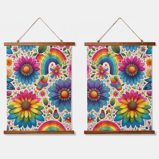 Tapiz Con Marco De Madera Retro Floral Hippie Arcoíris (Doble)