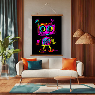 Tapiz Con Marco De Madera Robot de Arte Pop Neon: Divertido y Futurista