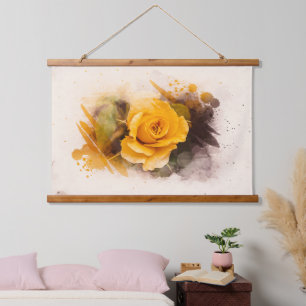 Tapiz Con Marco De Madera Rosa Amarilla Única Acuarela