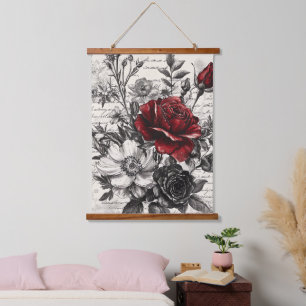 Tapiz Con Marco De Madera Rosa Negra Roja Flores de Manuscrito Antiguo