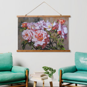 Tapiz Con Marco De Madera Rosas en Pavlovsk - Elegante pintura al óleo rosa