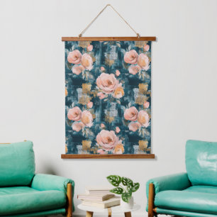 Tapiz Con Marco De Madera Rosas Melocotón Rosado Floral Maximalista Teal