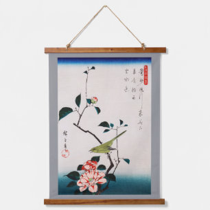 Tapiz Con Marco De Madera Ruiseñor en rama de Camelia, Hiroshige