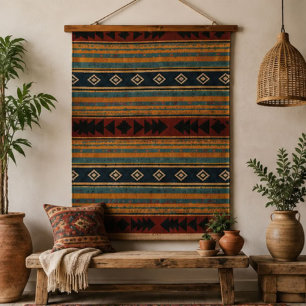 Tapiz Con Marco De Madera Rustic Southwestern Teal Terracotta Navy Geometric