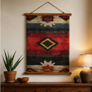 Tapiz Con Marco De Madera Rustic Southwestern Woven Red, Black & Turquoise 