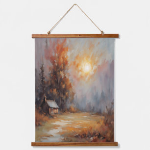 Tapiz Con Marco De Madera Rústico Otoño Cabina Paisaje Caída Arte