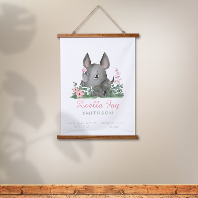 Tapiz Con Marco De Madera Safari Jungle Zoo Animal Rhino Decoración (Safari Jungle Rhino Pink Butterfly Flowers Birthday Poster)