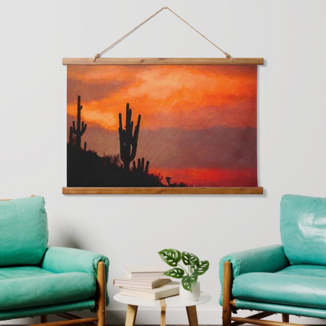 Tapiz Con Marco De Madera Saguaro Cactus Silhouette Arizona Red Sunset (Sala de estar)