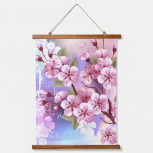 Tapiz Con Marco De Madera Sakura rosa sobre fondo de pintura