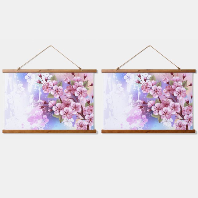 Tapiz Con Marco De Madera Sakura rosa sobre fondo de pintura (Doble)