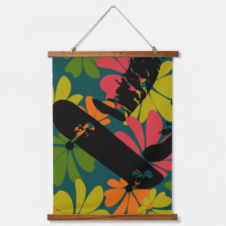 Tapiz Con Marco De Madera Salto de monopatín 60s Floral Teal Brite
