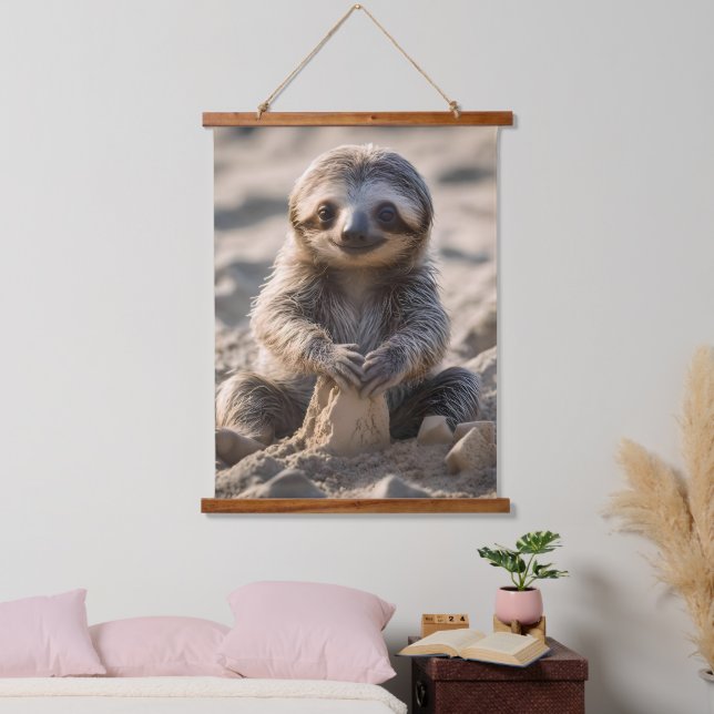 Tapiz Con Marco De Madera Sandy Shores : Baby Sloth Building Sand Castles, (Dormitorio)