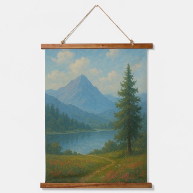 Tapiz Con Marco De Madera Serene Mountain Lake Landscape Wall Art (Anverso)