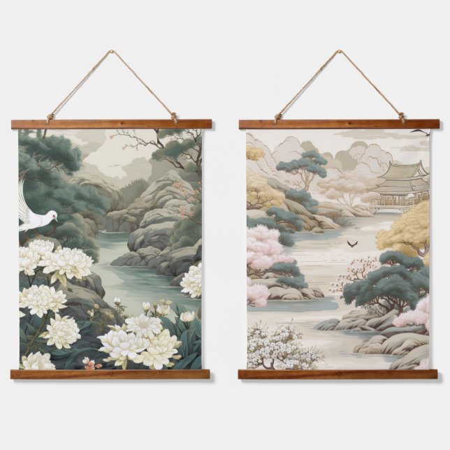 Tapiz Con Marco De Madera Serene Tranquilidad tema japonés (Doble)