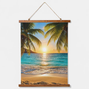 Tapiz Con Marco De Madera Serenidad de Atardecer Tropical