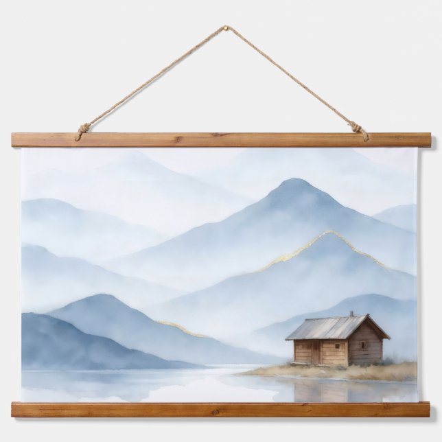 Tapiz Con Marco De Madera Serenity Peaks — Gold Mountain Landscape Tapestry (Anverso )