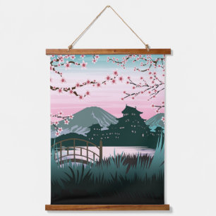 Tapiz Con Marco De Madera Sereno paisaje japonés de flor de cerezo vertical 
