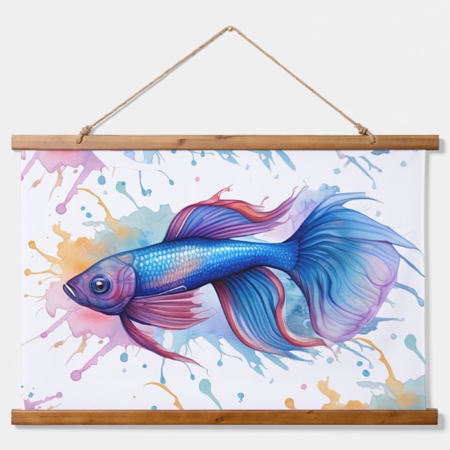 Tapiz Con Marco De Madera Serie Acuarela: Pez Betta (Anverso )