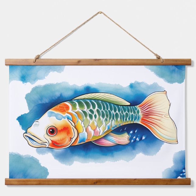 Tapiz Con Marco De Madera Serie de Acuarela: Peces Koi (Anverso )