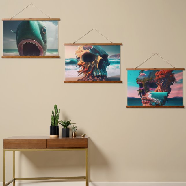 Tapiz Con Marco De Madera Shark sculpture on the beach (Asimétrico)