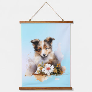 Tapiz Con Marco De Madera Shetland Sheepdog Puppy Mascota Flor acuática
