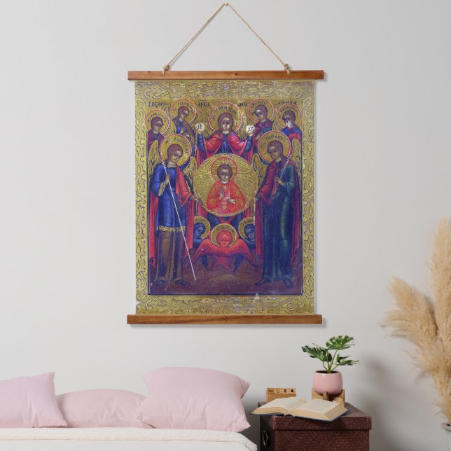 Tapiz Con Marco De Madera Siete Arcángeles Icono Religioso Cristiano (Dormitorio)