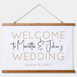 Tapiz Con Marco De Madera Signo de bienvenida de Boda Elegante de Oro Blanco