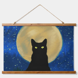 Tapiz Con Marco De Madera Silhouette de Halloween Black Cat Moonlit