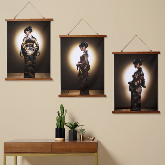 Tapiz Con Marco De Madera Silhouette de kimono japonesa (Asimétrico)