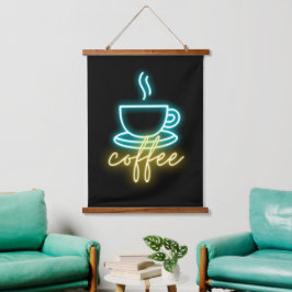 Tapiz Con Marco De Madera Símbolo de café neón y texto