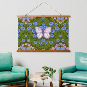 Tapiz Con Marco De Madera Simetría de mariposas y flores, azul y rosa