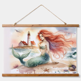 Tapiz Con Marco De Madera Sirena acuarela junto a la orilla del faro