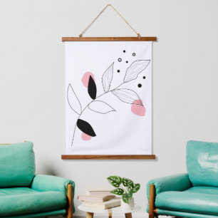 Tapiz Con Marco De Madera Soft Botanica – Arte de línea de hojas minimalista