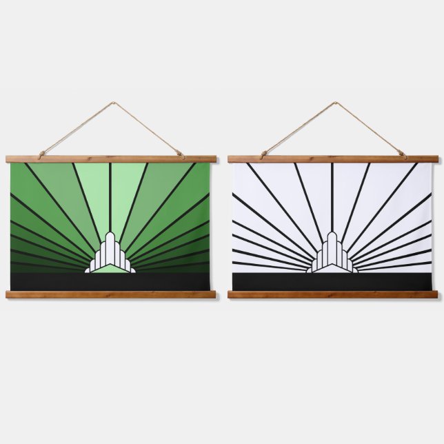 Tapiz Con Marco De Madera Sol Art Decó en verde y blanco (Doble)