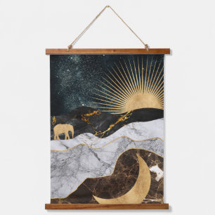 Tapiz Con Marco De Madera Sol dorado y luna con elefante en cósmico de mármo