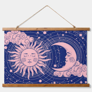 Tapiz Con Marco De Madera Sol y luna de color azul ondulado y rosa celeste