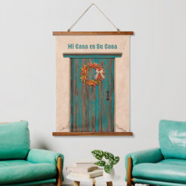 Tapiz Con Marco De Madera Southwest Chile Wreath on Rustic Blue Wood Door 