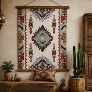 Tapiz Con Marco De Madera Southwestern Aztec Geometric Boho Blue, Rust & Cre