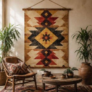 Tapiz Con Marco De Madera Southwestern Geometric Aztec Pattern Rust Red Gold