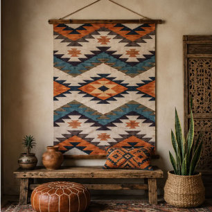 Tapiz Con Marco De Madera  Southwestern Geometric Aztec Rust Orange Navy 