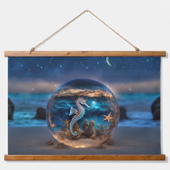 Tapiz Con Marco De Madera Starfish and Seahorse Surreal Beach Ocean (Anverso )