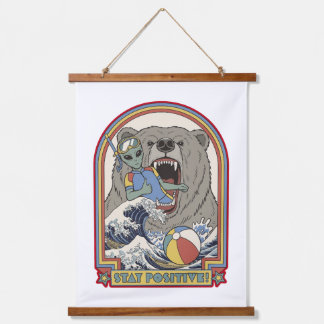 Tapiz Con Marco De Madera Stay Positive Alien Bear Surfing Retro Art