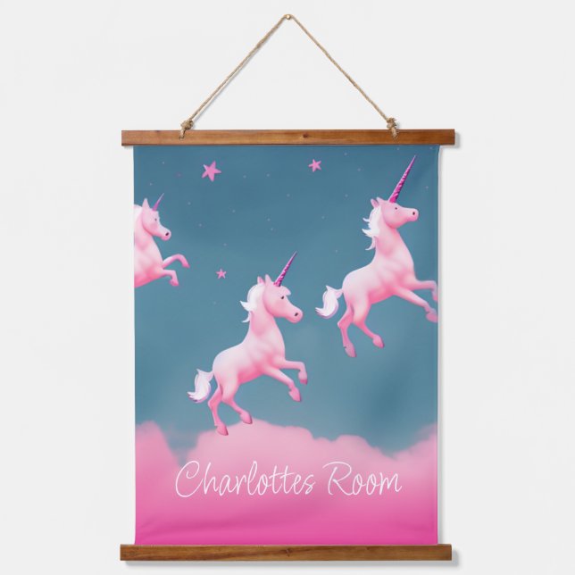 Tapiz Con Marco De Madera Sueños de unicornio rosados (Anverso)