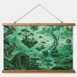 Tapiz Con Marco De Madera Sueños Esmeralda Paisaje Surrealista Tonos de Verd