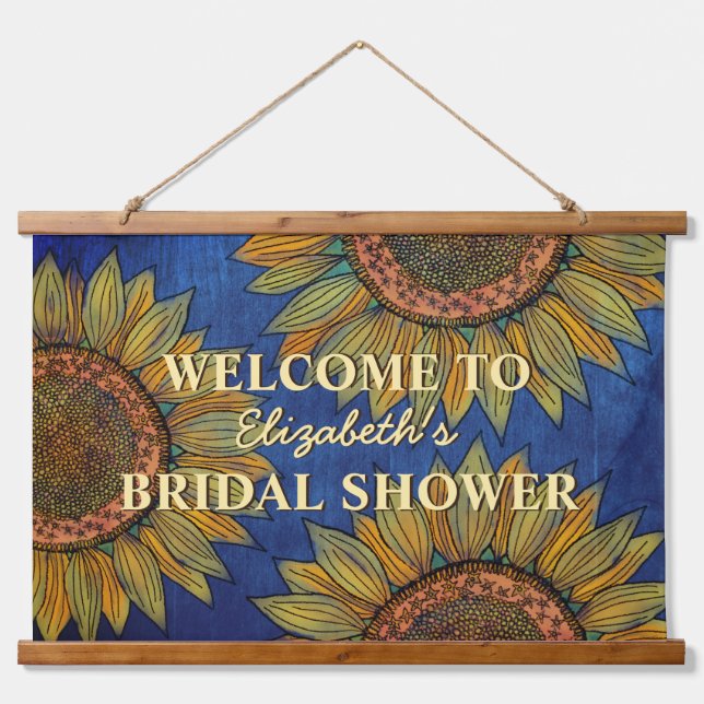 Tapiz Con Marco De Madera Sunflowers Rustic Navy Blue Summer Bridal Shower (Anverso )