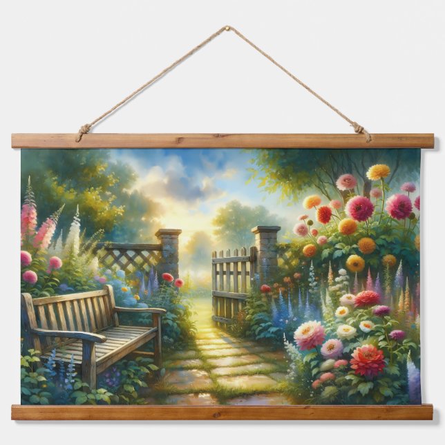 Tapiz Con Marco De Madera Sunlit Garden Pathway Gate Scene (Anverso )
