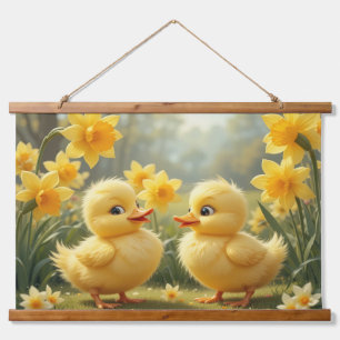 Tapiz Con Marco De Madera Sunny Duckling Duo Entre Daffodis