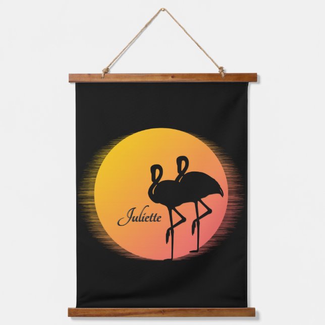 Tapiz Con Marco De Madera Sunset Flamingos Personal con Nombre (Anverso)