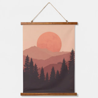 Tapiz Con Marco De Madera Sunset Mountain Forest Nature Illustration