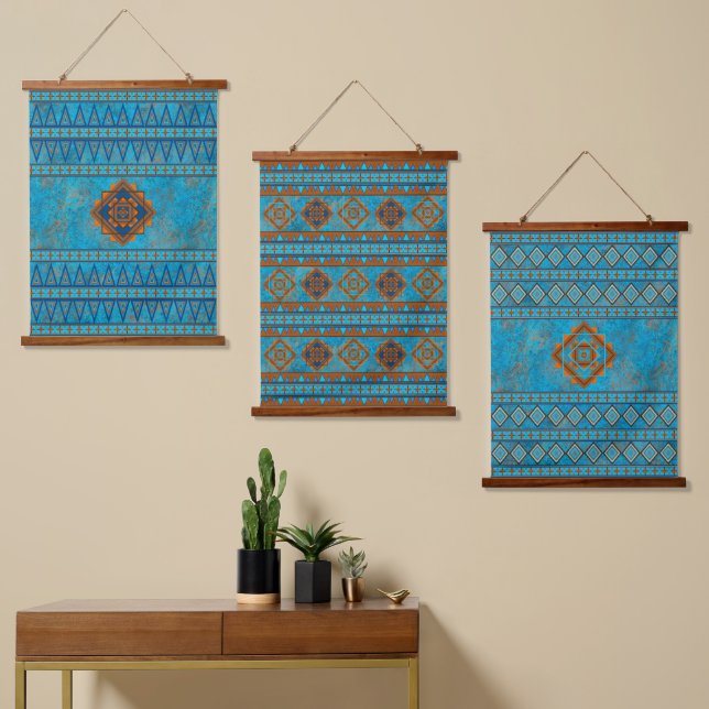 Tapiz Con Marco De Madera Surwest Mountain Peaks Turquoise Geometric Set (Asimétrico)